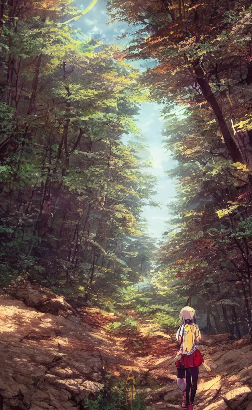 Prompt: an anime girl in the foreground hiking the Appalachian Trail alone, three point perspective, anime scene, digital art, 4k ultra