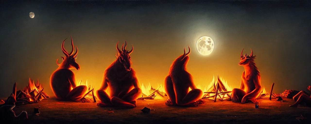 Image similar to strange mythical beasts of sitting around a fire under a full moon, surreal dark uncanny painting by ronny khalil