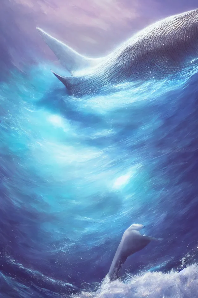 Prompt: a concept scene illustration, depicting a blue whale in the water under the azure ocean, the blue whale crystal texture, dreamy atmosphere ， super wide angle ， matte painting ， rtx on ， trending on cgsociety and artstation ， hyper - realism