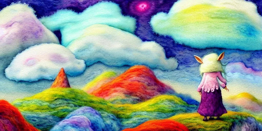 Image similar to A watercolor art of Mumintroll character in shape of wool felting amazing clouds, illustration by Irena Žviliuvienė, book cover, colorful background with mountains, 4k resolution, ultra detailed, matte painting, tarot card style, character design