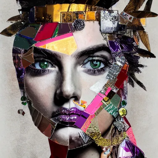 Image similar to roman goddess, contemporary collage, highly detailed, digital painting, 4 k, hdr, punk, fashion, smooth, sharp focus, art by nick knight, sandra chevrier and john hoyland