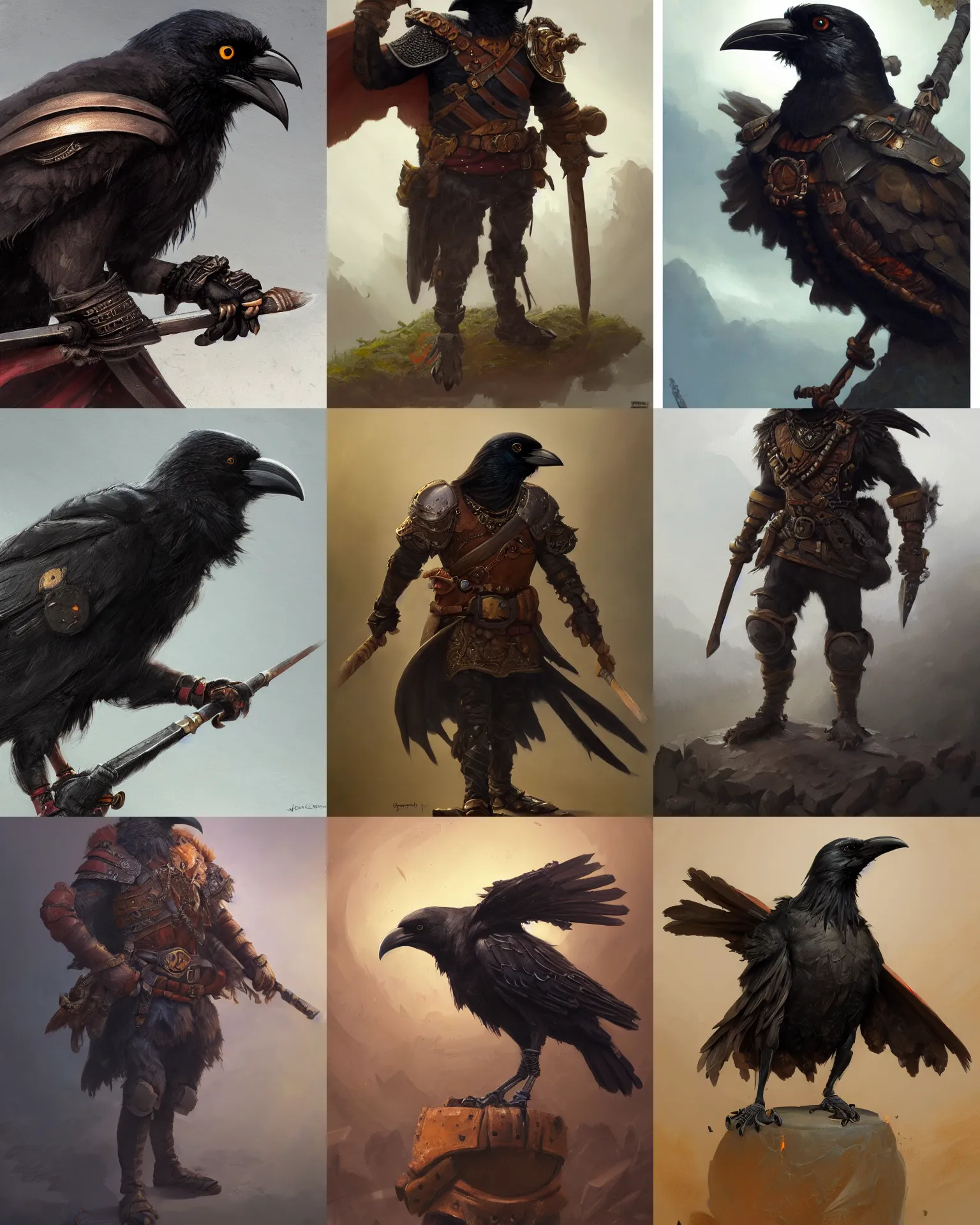 Prompt: a detailed painting of a crow with hammer dressed with a leather armor, by justin gerard and greg rutkowski, digital art, realistic painting, dnd, character design, trending on artstation