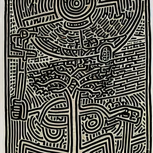 Image similar to smoky angelic otherworldly London line burbot machinery harbor teak tree , by Keith Haring and Evard Munch and Wendy Froud , groovy , smooth , tarot card