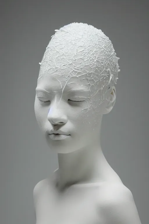 Image similar to full head and shoulders, beautiful female porcelain sculpture by daniel arsham and james jean, smooth, all white features on a white background, delicate facial features, white eyes, white lashes, detailed tangled white lillies and lillie leaves on the head, volumetric lighting