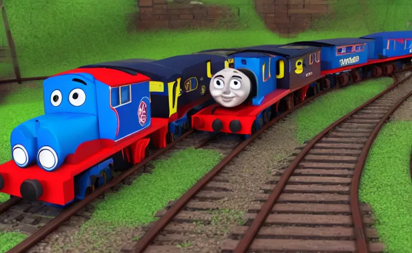 Image similar to four trains on tracks named speedy, sally, paul, and miguel : : children's show : : in the style of thomas the tank engine : : photography, 3 d render, happy mood