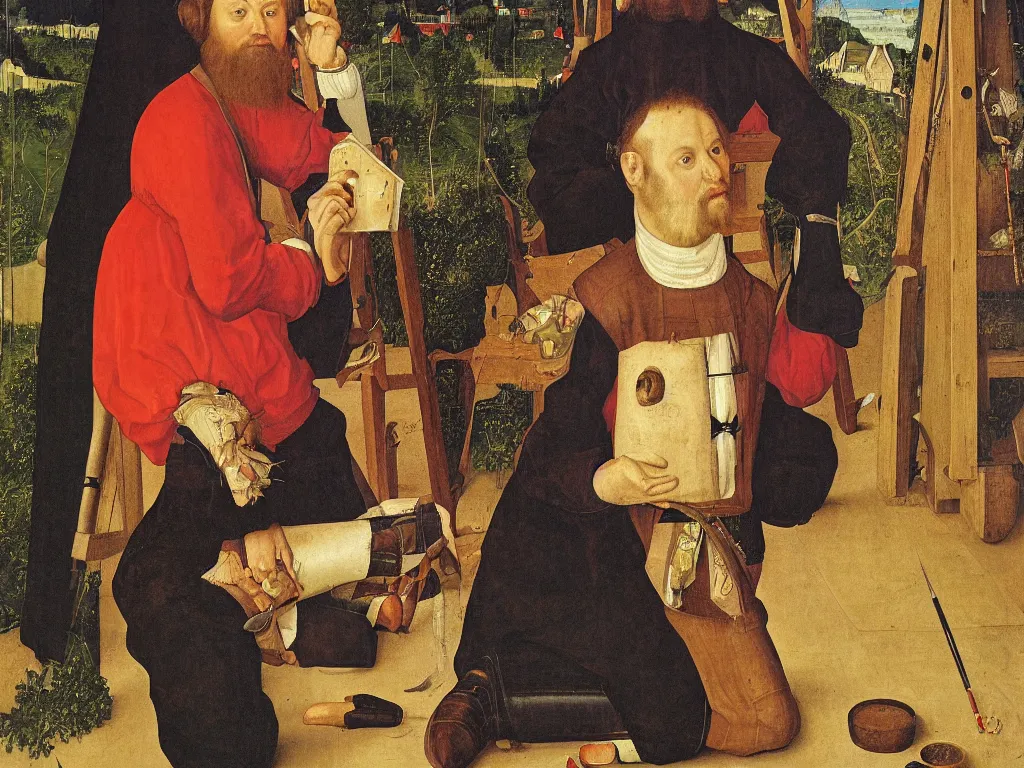 Prompt: portrait of a kneeling painter. painting by lucas cranach