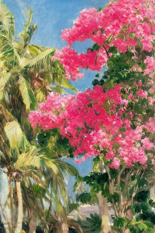 Prompt: beach, rose bunch on the sea surface, a sun in the sky bougainvillea palms, painting by john singer sargent