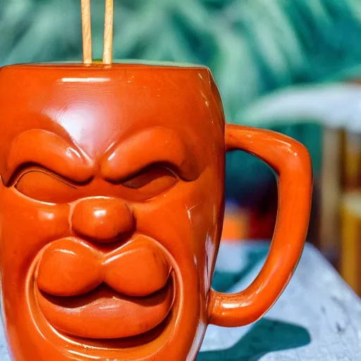 Prompt: a closeup photorealistic photograph of a glossy orange cat garfield style tiki mug sitting at a trader vic's bar featuring garfield's face. tiki party. bright scene. fine detail. this 4 k hd image is trending on artstation, featured on behance, well - rendered, extra crisp, features intricate detail, epic composition and the style of unreal engine.