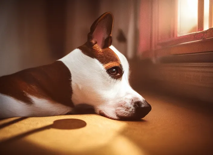 Image similar to photography of a Jack Russel . watching outside the window. on a bed. in a vintage room full of vinyls and posters.,volumetric light, photorealistic,, award winning photo, 100mm, sharp, high res