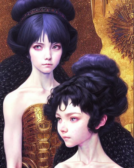 Image similar to portrait of two beautiful cute young maiden girls with short white hairs in warhammer armor, art by ( ( ( kuvshinov ilya ) ) ) and wayne barlowe and gustav klimt and artgerm and wlop