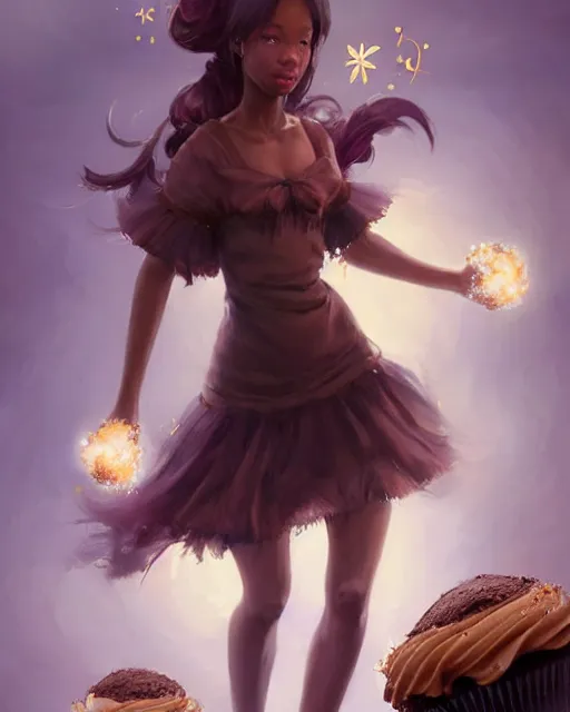 Prompt: a ( ( girl as personification of chocolate cupcake ) ), beauty, fantasy bakery, digital painting by krenz cushart, greg rutkowski, artgerm, laurie greasly, wlop, intricate, highly detailed!!, sharp focus, smooth, epic composition, joyful, unreal engine, masterpiece, 8 k, interesting background