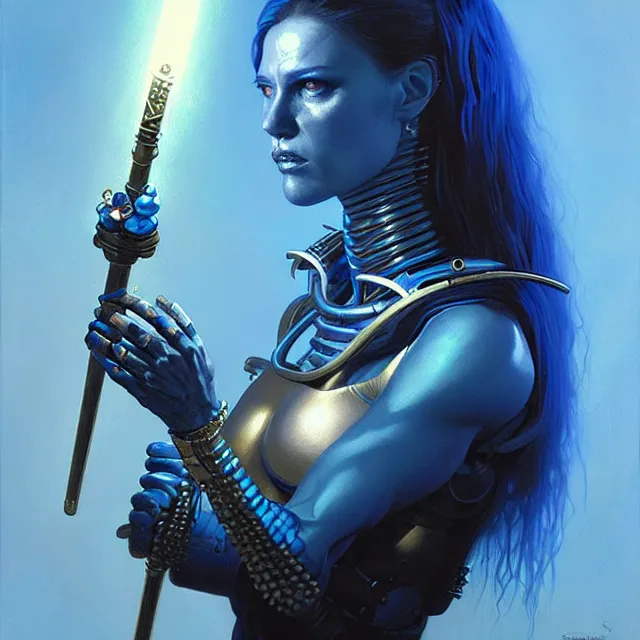 Prompt: portrait of a queen cyborg with a glowing blue scepter, heavy metal aesthetics, award winning digital art by brom and santiago caruso