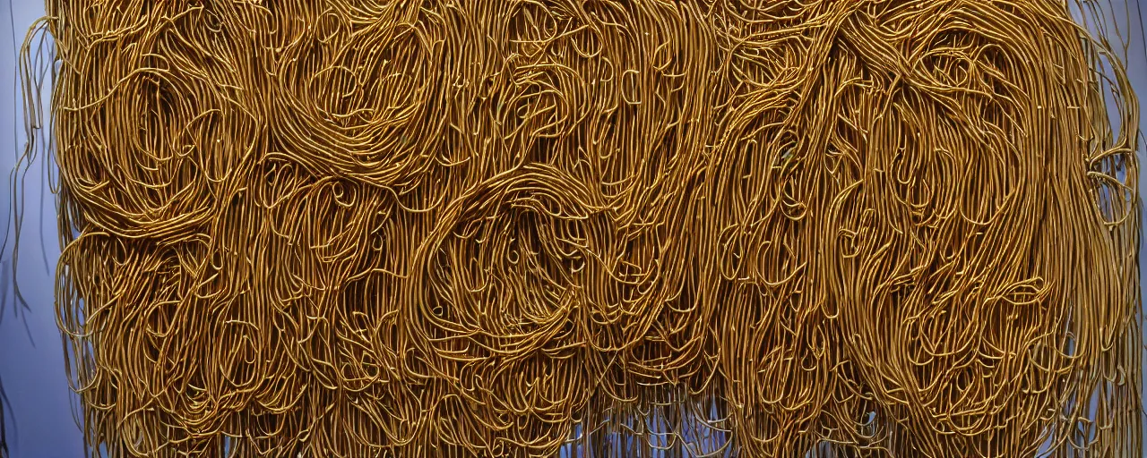 Image similar to famous sculpture made of spaghetti, at ny museum of modern art, in the style of damien hirst, kodachrome film, retro