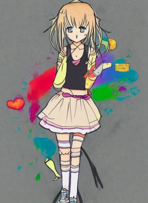 Image similar to very poorly drawn anime girl, cute outfit, posing, crayon art, very silly looking, very anime