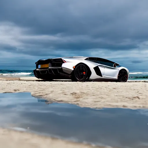 Prompt: A beautiful silver Lamborghini aventador on the beach, 8k, beautiful reflection