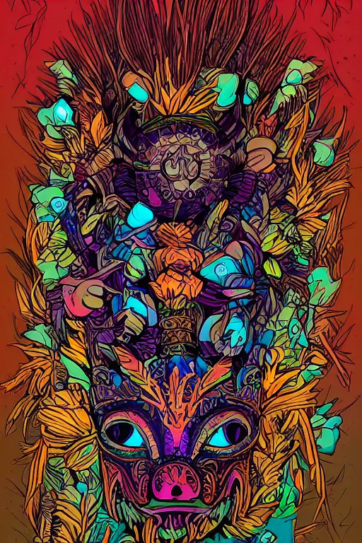 Image similar to animal mask totem roots flower tribal feather gemstone plant wood rock shaman vodoo video game vector cutout illustration vivid multicolor borderlands comics by josan gonzales and dan mumford radiating a glowing aura