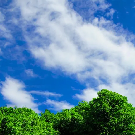 Prompt: blue sky, green trees and clouds