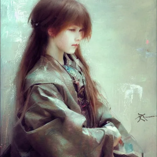 Image similar to little beauty girl with brown hair. By Ruan Jia. Ayami Kojima. Masterpiece