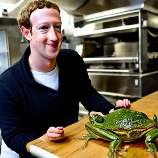 Image similar to mark zuckerberg as a chef offering you a live frog on a plate