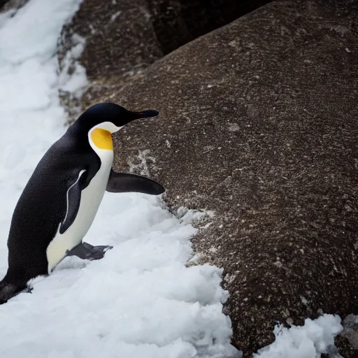 Image similar to penguin climbing the everest, canon eos r 3, f / 1. 4, iso 2 0 0, 1 / 1 6 0 s, 8 k, raw, unedited, symmetrical balance, in - frame