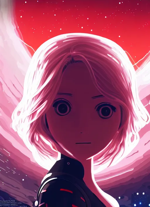 Prompt: highly detailed portrait of a hopeful pretty astronaut lady with a wavy blonde hair, by Studio Ghibli, 4k resolution, nier:automata inspired, bravely default inspired, vibrant but dreary but upflifting red, black and white color scheme!!! ((Space nebula background))