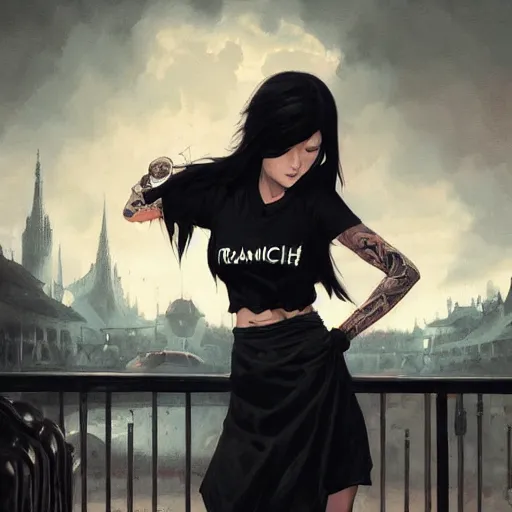 Image similar to french bar maid, tattoos, black t - shirt, black skirt, detailed portrait, intricate complexity, by greg rutkowski, artgerm, ross tran, conrad roset, takato yomamoto, ilya kuvshinov. 4 k, beautiful, cinematic dramatic atmosphere