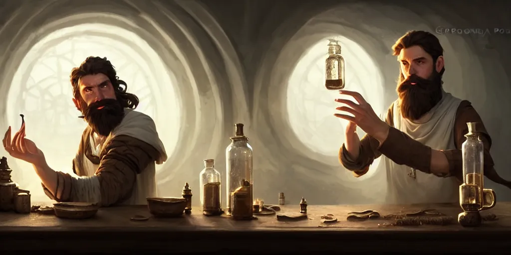 Prompt: a handsome bearded white male sorcerer with brown hair he is casting a spell from his hands, he is in a alchemist workshop filled with beakers and equipment, neutral pose, sharp focus, waist up, 4 k, by greg rutkowski, rudy siswanto and anna podedworna