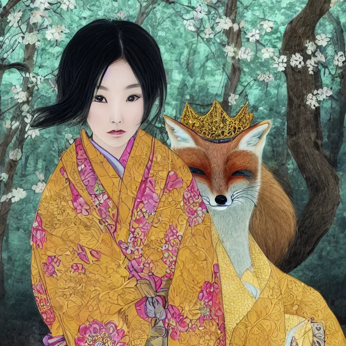 Prompt: portrait photograph of an extremely beautiful!!!! young Asian female , symmetric face!, symmetric round detailed eyes!!, slight smile, natural light, wearing a flower kimono!! with a very detailed fox!! behind her shoulder in front of a hot spring. looking at the camera!!. golden crown made of golden leaves. super resolution. Artgerm, Ralph mucha, Extremely detailed. Graflex camera!, bokeh!!!!! trending on artstation.