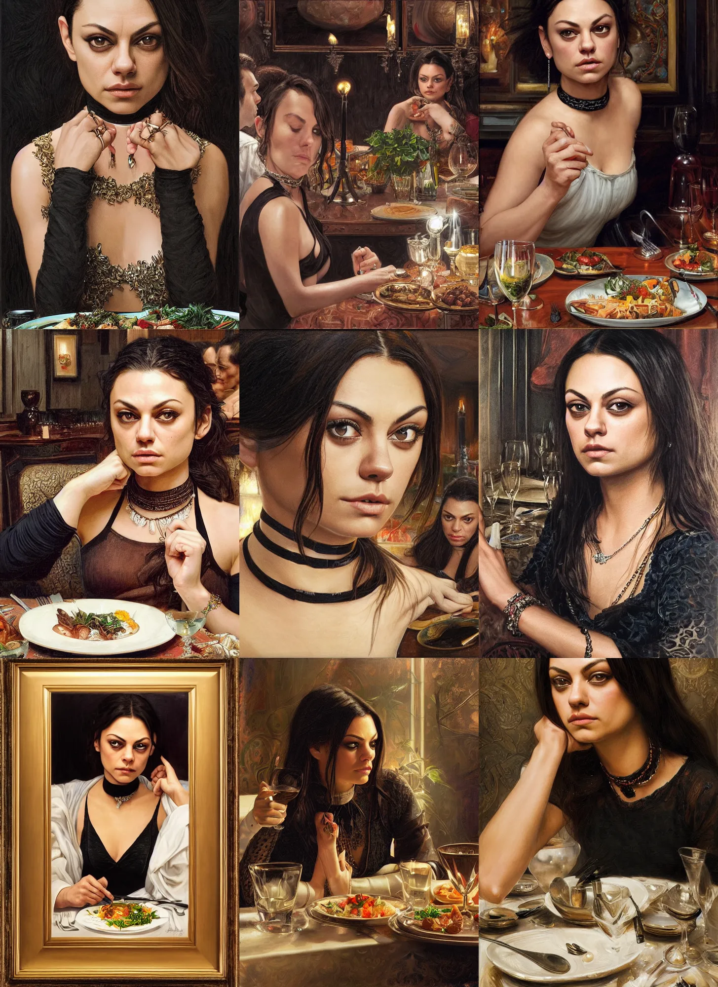 Prompt: dinner with mila kunis sitting across the camera wearing a black choker staring into the camera in an expensive restaurant, point of view, intricate, elegant, tasteful, highly detailed, shallow depth of field, artgerm, donato giancola, joseph christian leyendecker