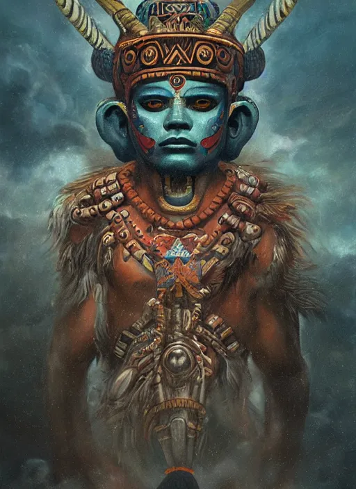 Image similar to portrait of tlaloc the aztec god of rain and thunder, by bogdan rezunenko and denys tsiperko and tom bagshaw, magic realism