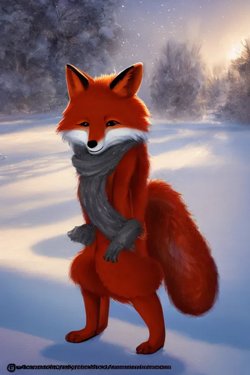 Image similar to an anthropomorphic fox with a fluffy tail wearing a scarf playing in the snow, backlighting, trending on artstation, digital art, furry art, trending on furaffinity