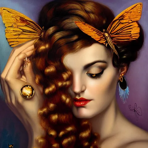 Prompt: dynamic composition, a painting of a woman with hair of butterfly wings, wearing ornate earrings, a surrealist painting by tom bagshaw and jacek yerga and tamara de lempicka and jesse king, featured on cgsociety, pop surrealism, surrealist, dramatic lighting, wiccan, pre - raphaelite, ornate gilded details