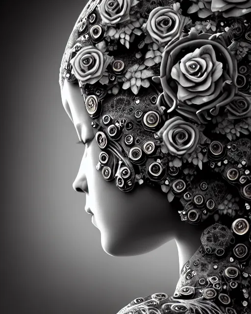 Image similar to mythical dreamy black and white organic bio - mechanical spinal ribbed profile face portrait detail of translucent steampunk beautiful female angelic - human - queen - vegetal - cyborg, highly detailed, intricate crystal ivy jelly ornate, poetic, translucent roses ornate, 3 d render, digital art, octane render, 8 k artistic photography, photo - realistic, by dora maar