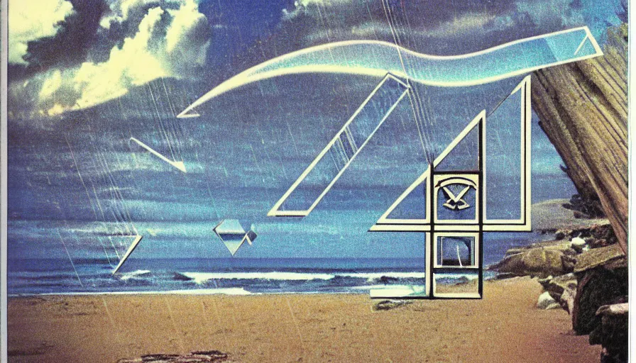 Image similar to A 1985 vintage magazine architecture photo of a, mediterranean architecture, refracted lines and sparkles, thunderstorm outside, beach on the background major arcana sky and occult symbols, hyperrealistic, award-winning, 1985