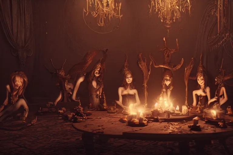 Image similar to dark witches doing a ritual. Ornate details, award winning, Octane render, 4k, 8k, unreal 5, very detailed, hyper control-realism, trending on artstation.”