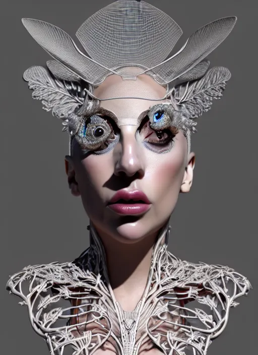 Prompt: complex 3d render ultra detailed of a beautiful porcelain lady gaga face, mechanical vegetal cyborg, 150 mm, beautiful natural soft light, rim light, silver gold details, magnolia big leaves and stems, roots, fine foliage lace, mesh wire, Alexander Mcqueen haute couture, lady Gaga style, intricate details, hyperrealistic, mandelbrot fractal, anatomical, red lips, silver metal armor, facial muscles, cable wires, microchip, elegant, white background, octane render, H.R. Giger style, 8k