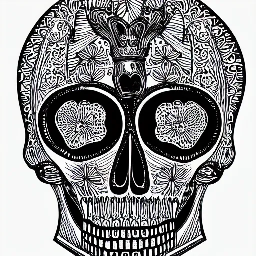 Image similar to queen victoria with a detailed line work skull over her face in screen print graphic style