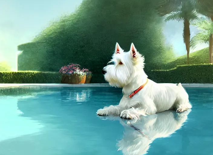 Prompt: short - haired west highland white terrier sitting by a pool, bright, reflections, intricate, sharp focus, lens flare, bloom, illustration, highly detailed, digital painting, concept art, matte, art by ruan jia and wlop and greg rutkowski, masterpiece