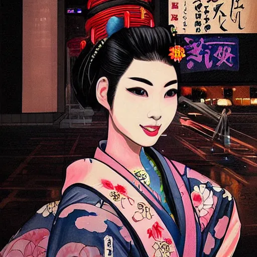 Prompt: a beautiful and detailed painting of a geisha in tokyo, cyberpunk style h 7 6 8