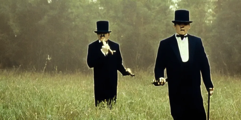 Image similar to a still of a 60s movie of a man holding a cane wearing a black suit and a bowler hat with a robotic face walking in a empty field