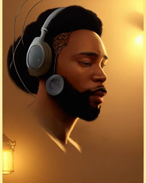 Image similar to light skin black man with headphones at his home studio producing music late at night, very detailed, 4 k, concept art like ernest khalimov, intricate details, highly detailed by greg rutkowski, ilya kuvshinov, gaston bussiere, craig mullins, simon bisley