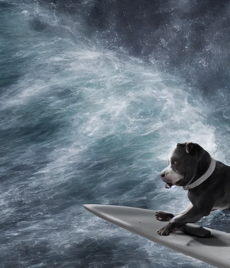 Image similar to photo of a dark gray coat pit bull with a white paws!, surfing on a surfboard in a crashing wave of alien ocean in space, background is an alien galaxy, matte, aliens in the background, alien colors, octane render, unreal engine, wide view, 8 k, high detaild