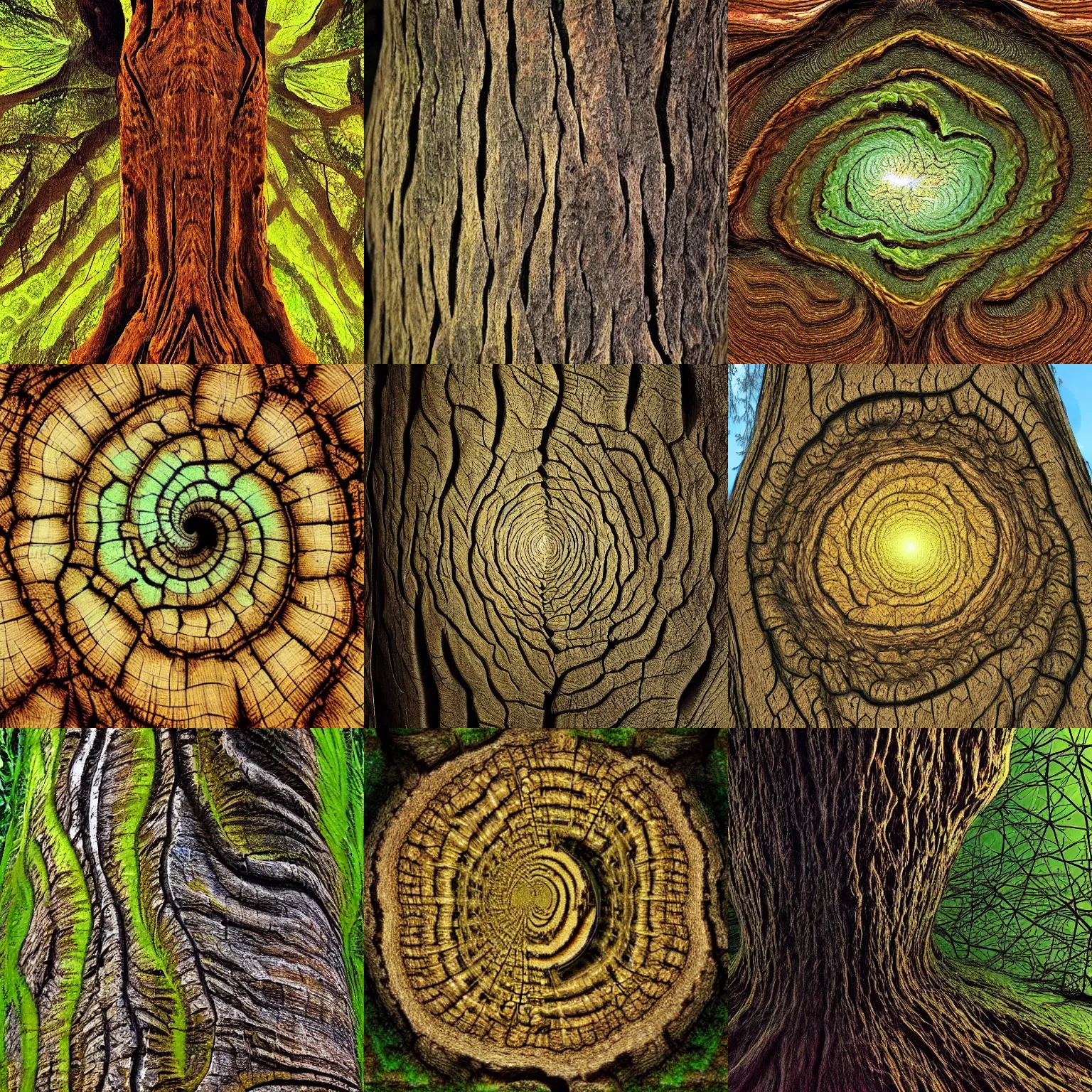 Prompt: the three-dimensional golden ratio fractal in this picture of a tree trunk