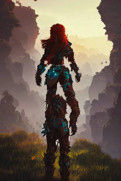 Image similar to combination suit armor aloy horizon forbidden west horizon zero dawn radiating a glowing aura global illumination ray tracing hdr fanart arstation by ian pesty and alena aenami artworks in 4 k tribal robot ninja mask helmet backpack