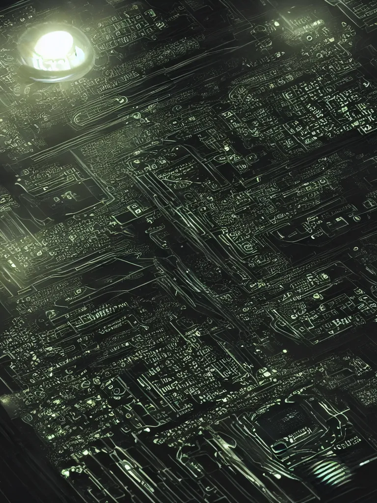 Image similar to big technology, intricate circuit board, cpu, bios chip, led, lcd display, integrated circuits, cmos, capacitors, intricate concept art matte painting, cyberspace, nature grotesque dark