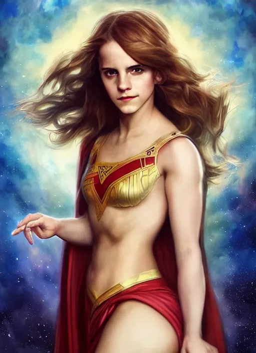 Prompt: emma watson as nature magic celestial, superwoman pose, long hair, soft red and blue transparent cloth, space, D&D, shiny background, intricate, elegant, highly detailed, digital painting, artstation, concept art, smooth, sharp focus, illustration, artgerm, bouguereau