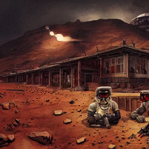 Prompt: [North Korean colony on Mars, poster, very detailed, cinematic lighting, matte, sharp, photography, art by enki bilal]