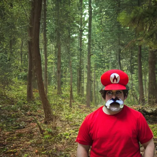 Image similar to italian man with a mustache dressed as mario wearing a solid red mario hat drooling, eyes rolled back, looking at red mushroom with white spots, in a forest 50mm lens, f1.8.