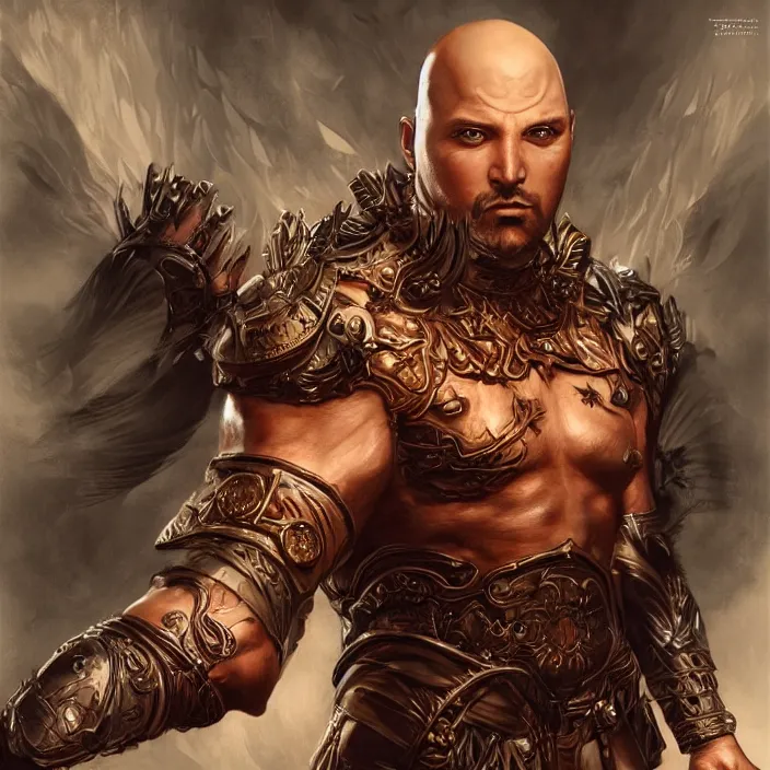 Image similar to a highly detailed symmetrical full body painting of a furious bald male warrior with piercing beautiful eyes in dark tomb setting, dynamic lighting, ambient lighting, deviantart, art by artgerm and karol bak and mark brooks