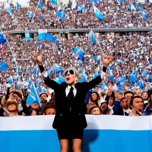 Image similar to Lady Gaga as president, Argentina presidential rally, Argentine flags behind, bokeh, giving a speech, detailed face, Argentina